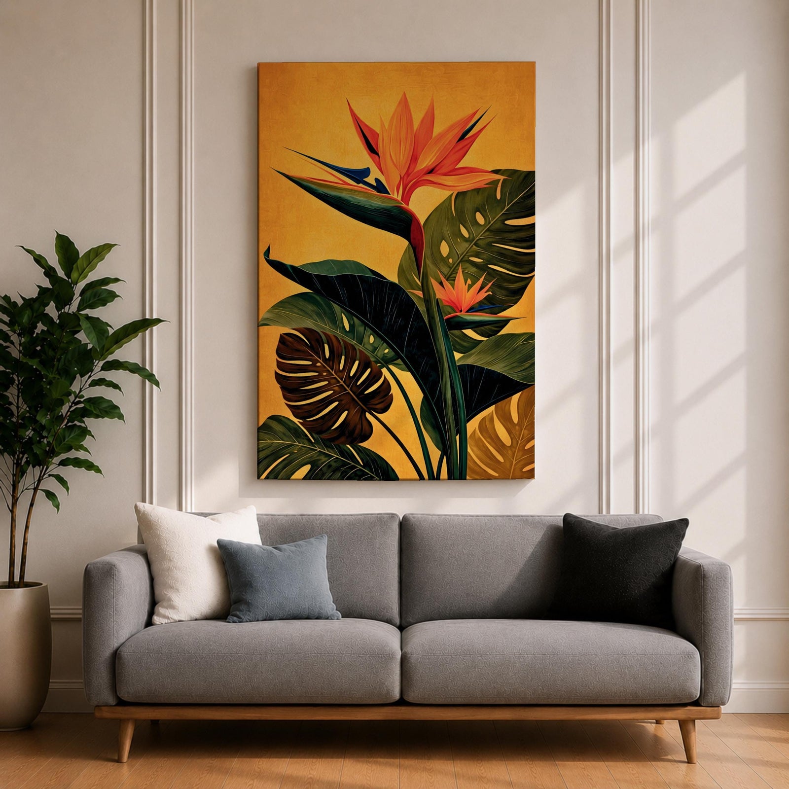 A vibrant botanical painting of a Bird of Paradise flower with large tropical leaves in rich green and orange hues on a warm yellow background, capturing the exotic nature of the Strelitzia plant in a modern floral style.
