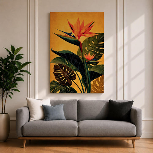 A vibrant botanical painting of a Bird of Paradise flower with large tropical leaves in rich green and orange hues on a warm yellow background, capturing the exotic nature of the Strelitzia plant in a modern floral style.