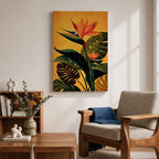 A vibrant botanical painting of a Bird of Paradise flower with large tropical leaves in rich green and orange hues on a warm yellow background, capturing the exotic nature of the Strelitzia plant in a modern floral style.