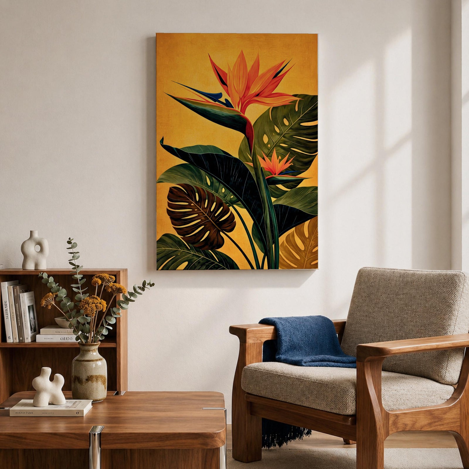 A vibrant botanical painting of a Bird of Paradise flower with large tropical leaves in rich green and orange hues on a warm yellow background, capturing the exotic nature of the Strelitzia plant in a modern floral style.