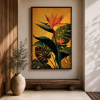 A vibrant botanical painting of a Bird of Paradise flower with large tropical leaves in rich green and orange hues on a warm yellow background, capturing the exotic nature of the Strelitzia plant in a modern floral style.
