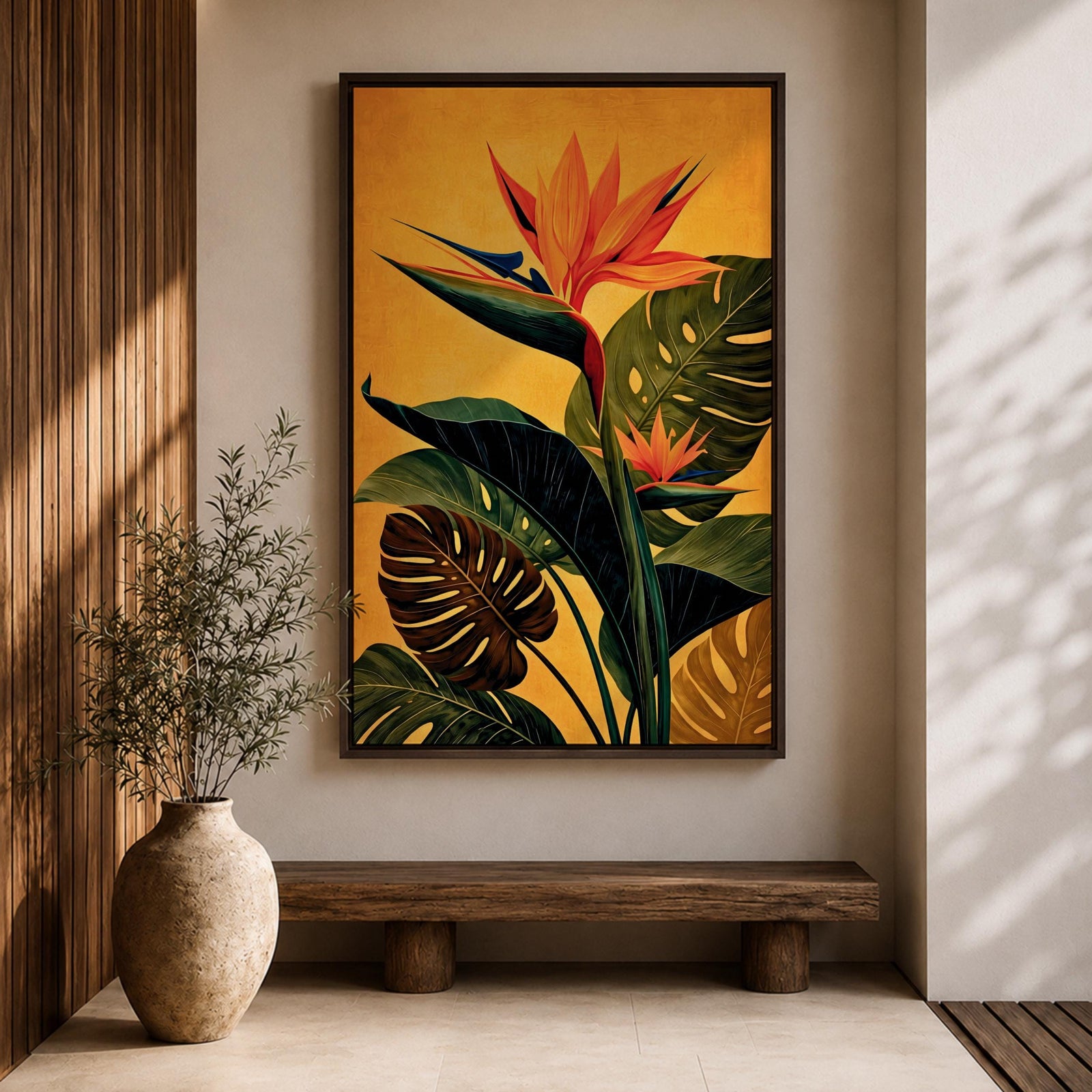 A vibrant botanical painting of a Bird of Paradise flower with large tropical leaves in rich green and orange hues on a warm yellow background, capturing the exotic nature of the Strelitzia plant in a modern floral style.