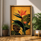 A vibrant botanical painting of a Bird of Paradise flower with large tropical leaves in rich green and orange hues on a warm yellow background, capturing the exotic nature of the Strelitzia plant in a modern floral style.