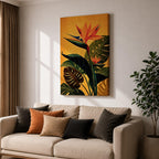 A vibrant botanical painting of a Bird of Paradise flower with large tropical leaves in rich green and orange hues on a warm yellow background, capturing the exotic nature of the Strelitzia plant in a modern floral style.