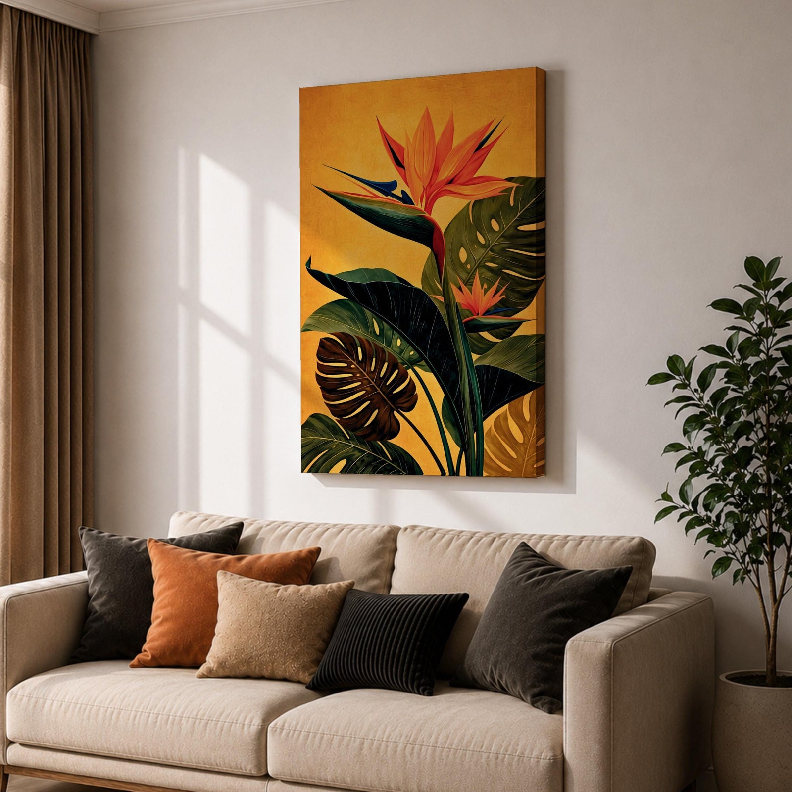 A vibrant botanical painting of a Bird of Paradise flower with large tropical leaves in rich green and orange hues on a warm yellow background, capturing the exotic nature of the Strelitzia plant in a modern floral style.