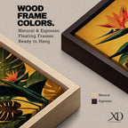 A vibrant botanical painting of a Bird of Paradise flower with large tropical leaves in rich green and orange hues on a warm yellow background, capturing the exotic nature of the Strelitzia plant in a modern floral style.