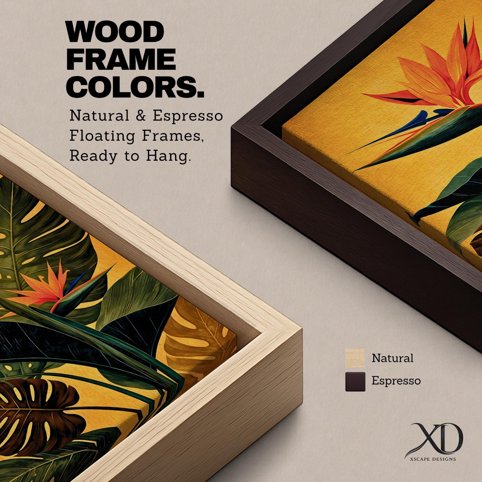 A vibrant botanical painting of a Bird of Paradise flower with large tropical leaves in rich green and orange hues on a warm yellow background, capturing the exotic nature of the Strelitzia plant in a modern floral style.