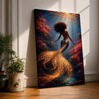 A detailed fantasy painting of a mermaid with flowing hair swimming through a vibrant underwater scene, her golden scaled tail glowing with light as it curves gracefully behind her, surrounded by colorful coral formations and beams of sunlight filtering through the water, creating depth and a luminous mythological ocean composition.