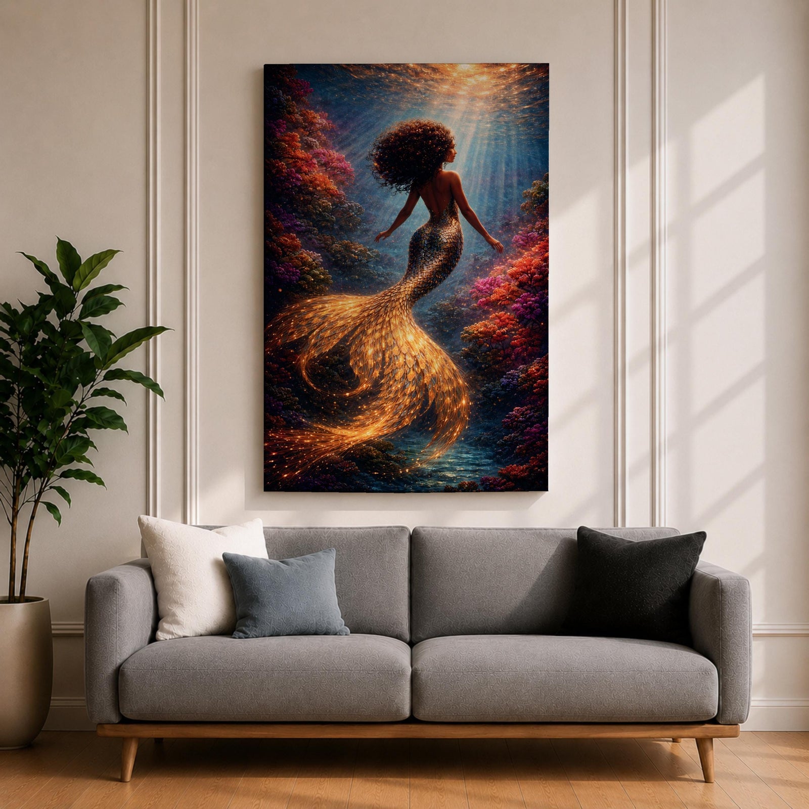 A detailed fantasy painting of a mermaid with flowing hair swimming through a vibrant underwater scene, her golden scaled tail glowing with light as it curves gracefully behind her, surrounded by colorful coral formations and beams of sunlight filtering through the water, creating depth and a luminous mythological ocean composition.