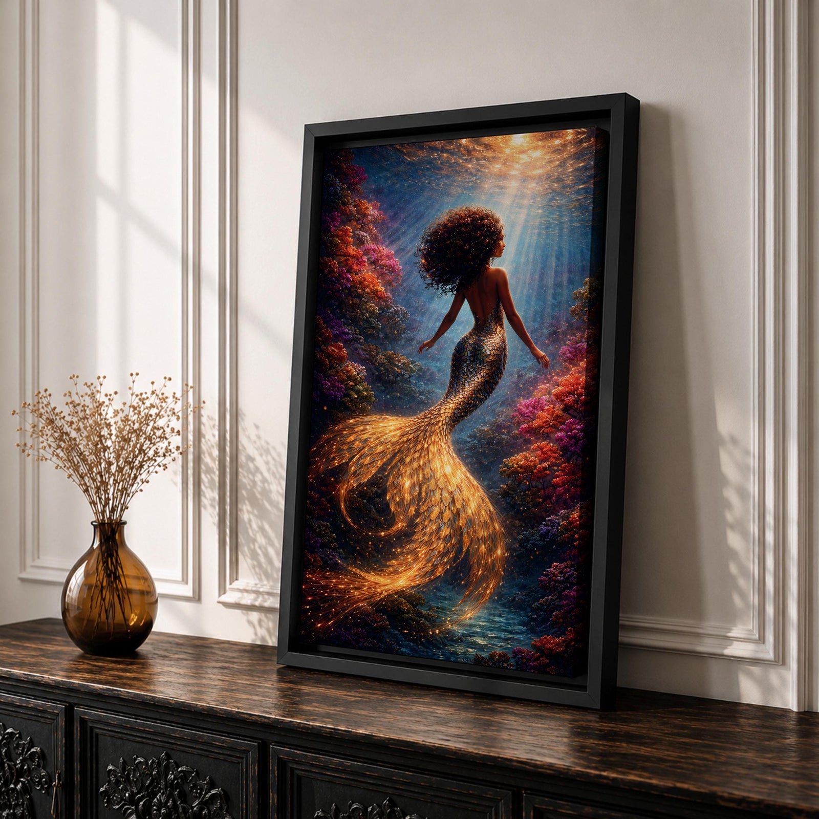 A detailed fantasy painting of a mermaid with flowing hair swimming through a vibrant underwater scene, her golden scaled tail glowing with light as it curves gracefully behind her, surrounded by colorful coral formations and beams of sunlight filtering through the water, creating depth and a luminous mythological ocean composition.