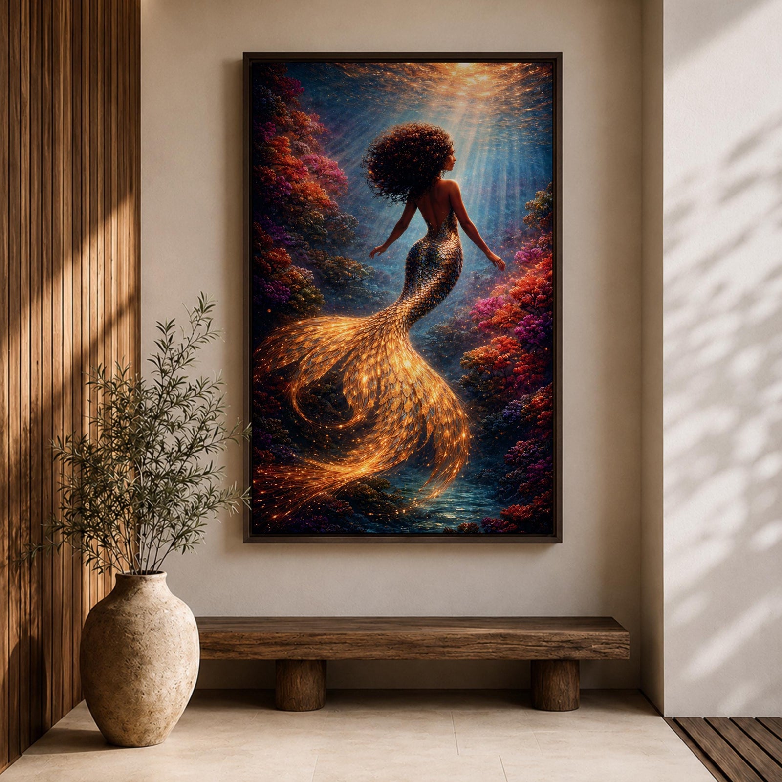 A detailed fantasy painting of a mermaid with flowing hair swimming through a vibrant underwater scene, her golden scaled tail glowing with light as it curves gracefully behind her, surrounded by colorful coral formations and beams of sunlight filtering through the water, creating depth and a luminous mythological ocean composition.