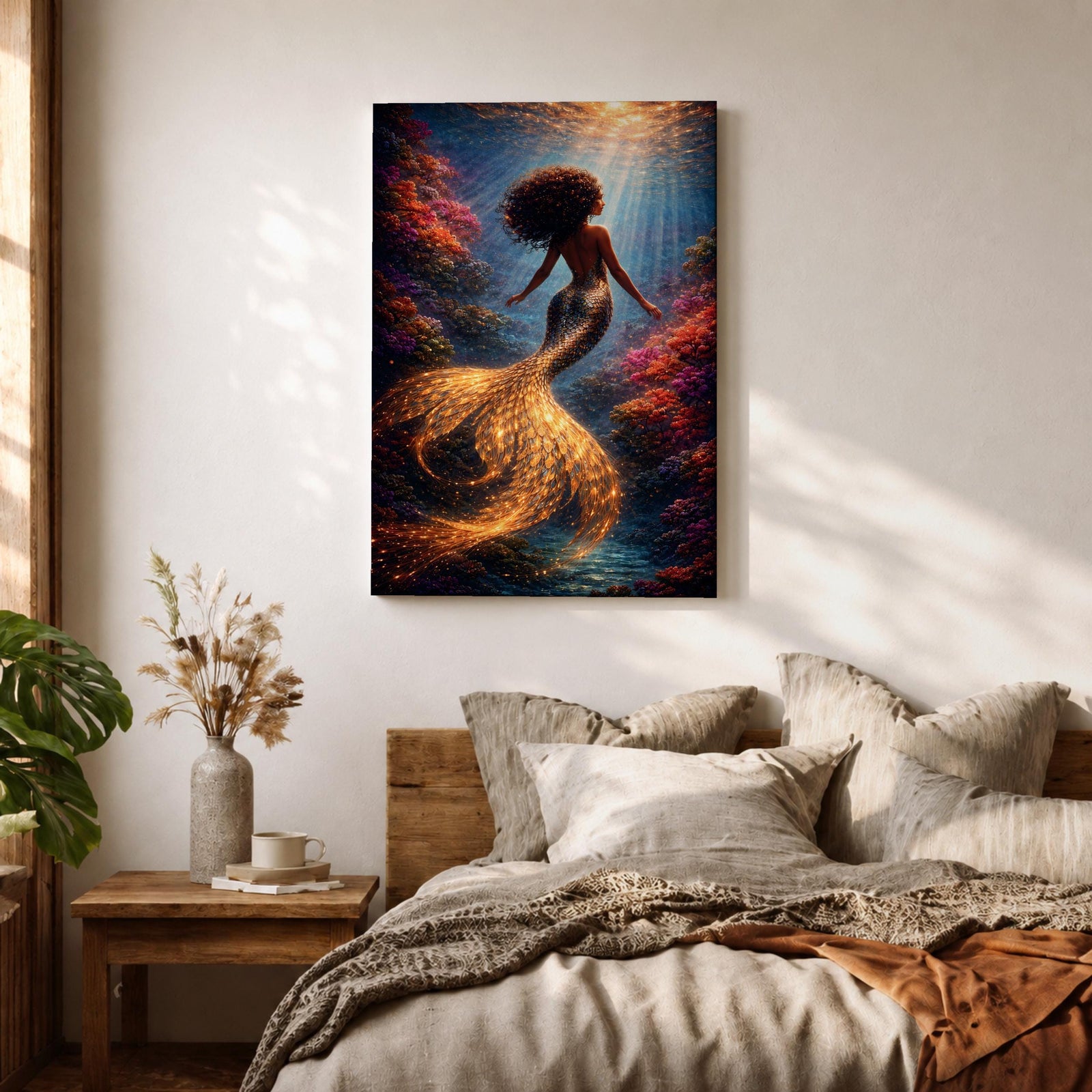 A detailed fantasy painting of a mermaid with flowing hair swimming through a vibrant underwater scene, her golden scaled tail glowing with light as it curves gracefully behind her, surrounded by colorful coral formations and beams of sunlight filtering through the water, creating depth and a luminous mythological ocean composition.