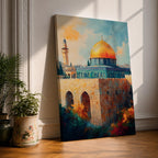 A detailed painting of the Dome of the Rock featuring its iconic golden dome atop a stone base with arched windows, set against a bright sky with soft clouds and birds flying, rendered in a realistic style emphasizing architectural details and vibrant colors.