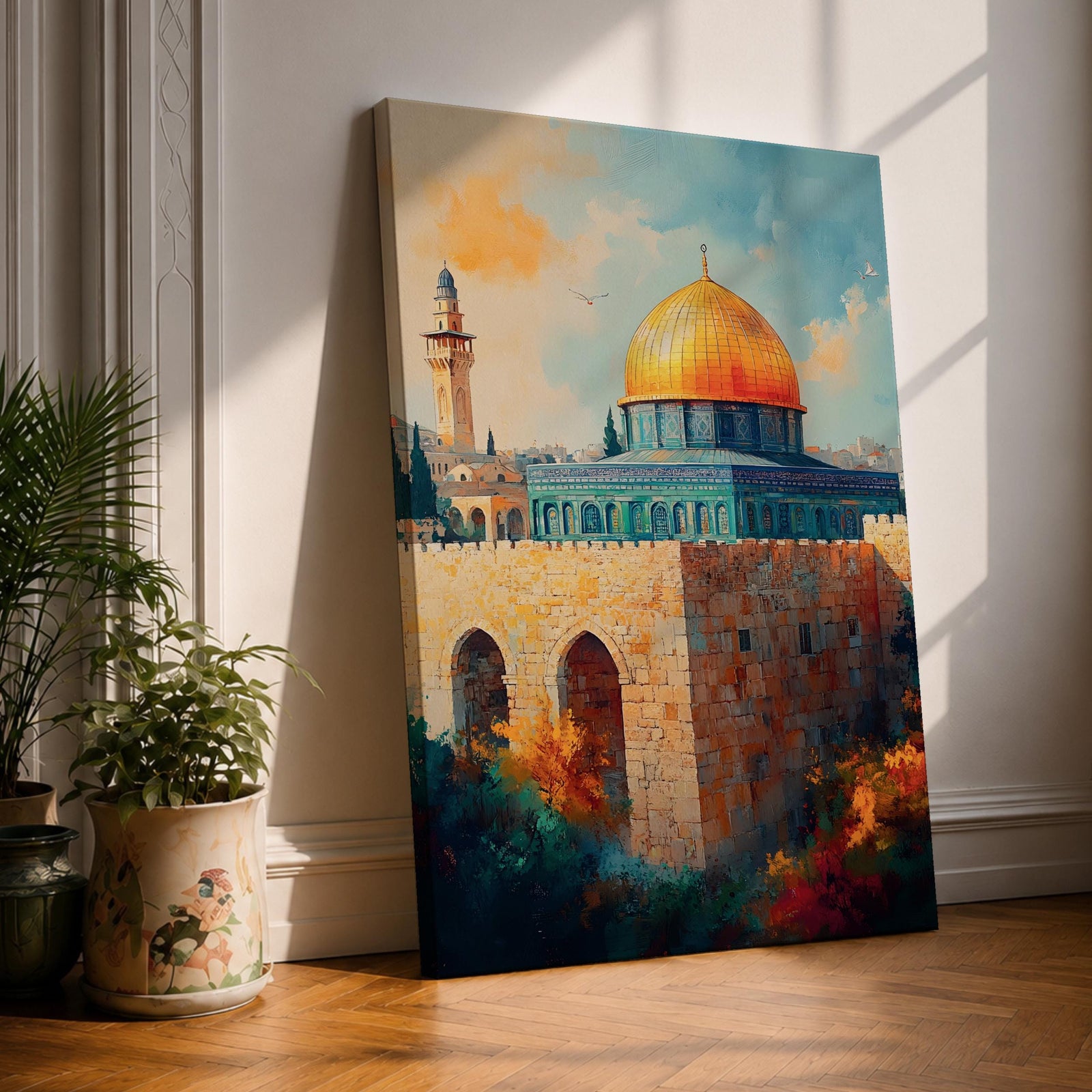 A detailed painting of the Dome of the Rock featuring its iconic golden dome atop a stone base with arched windows, set against a bright sky with soft clouds and birds flying, rendered in a realistic style emphasizing architectural details and vibrant colors.