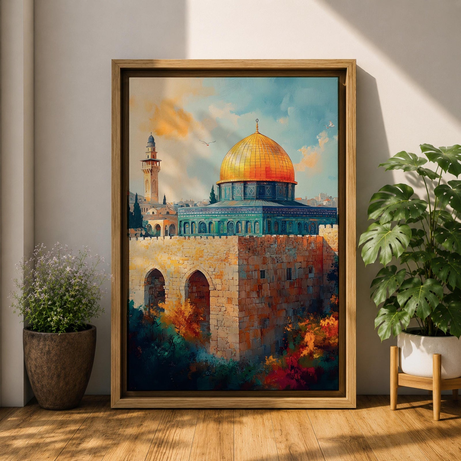 A detailed painting of the Dome of the Rock featuring its iconic golden dome atop a stone base with arched windows, set against a bright sky with soft clouds and birds flying, rendered in a realistic style emphasizing architectural details and vibrant colors.