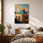 A detailed painting of the Dome of the Rock featuring its iconic golden dome atop a stone base with arched windows, set against a bright sky with soft clouds and birds flying, rendered in a realistic style emphasizing architectural details and vibrant colors.