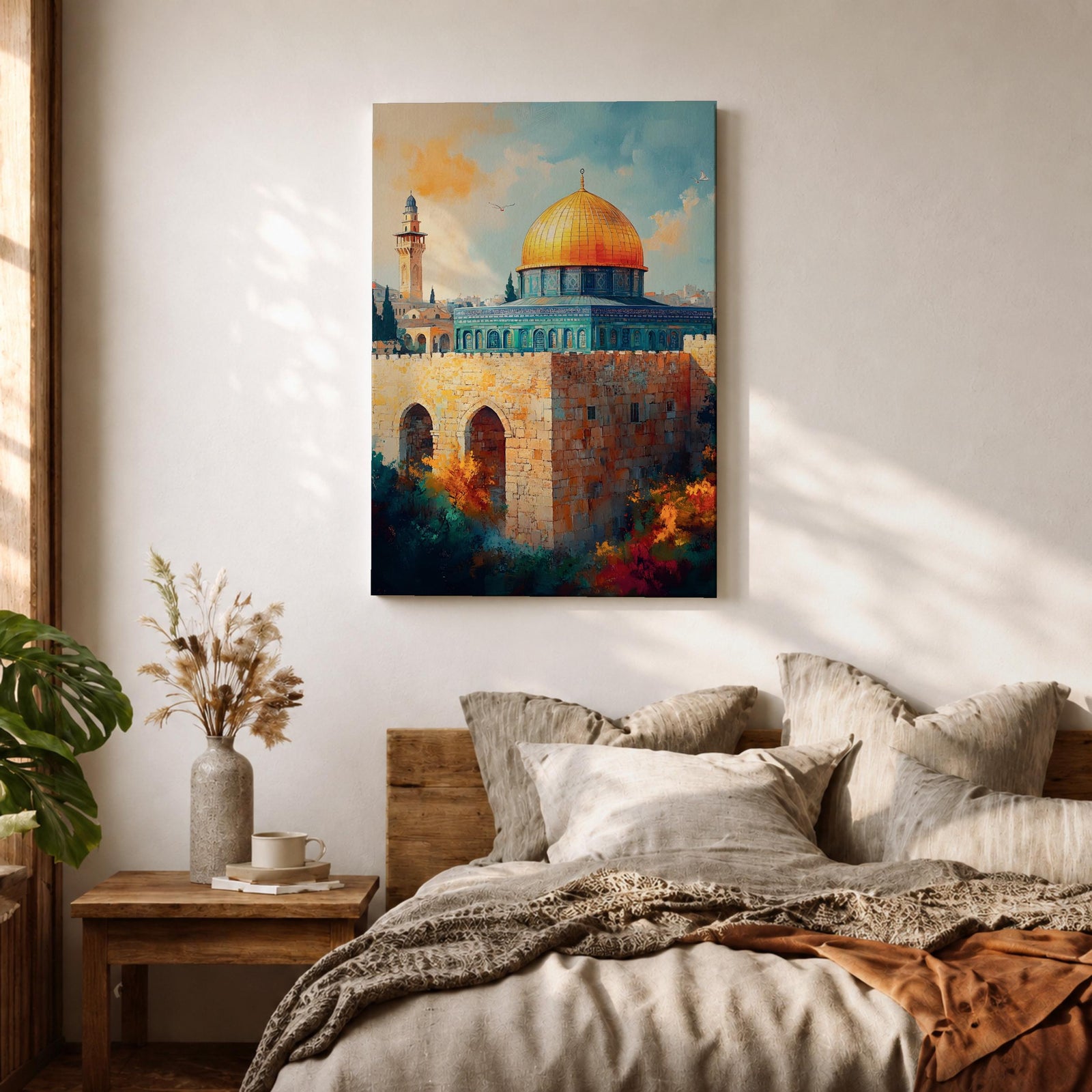 A detailed painting of the Dome of the Rock featuring its iconic golden dome atop a stone base with arched windows, set against a bright sky with soft clouds and birds flying, rendered in a realistic style emphasizing architectural details and vibrant colors.