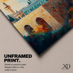 A detailed painting of the Dome of the Rock featuring its iconic golden dome atop a stone base with arched windows, set against a bright sky with soft clouds and birds flying, rendered in a realistic style emphasizing architectural details and vibrant colors.