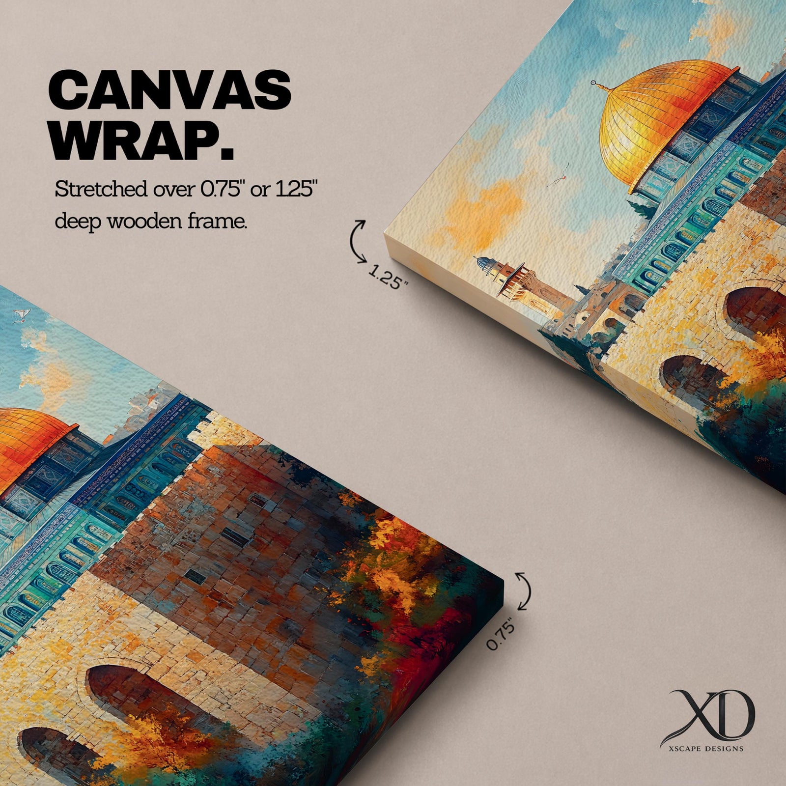 A detailed painting of the Dome of the Rock featuring its iconic golden dome atop a stone base with arched windows, set against a bright sky with soft clouds and birds flying, rendered in a realistic style emphasizing architectural details and vibrant colors.
