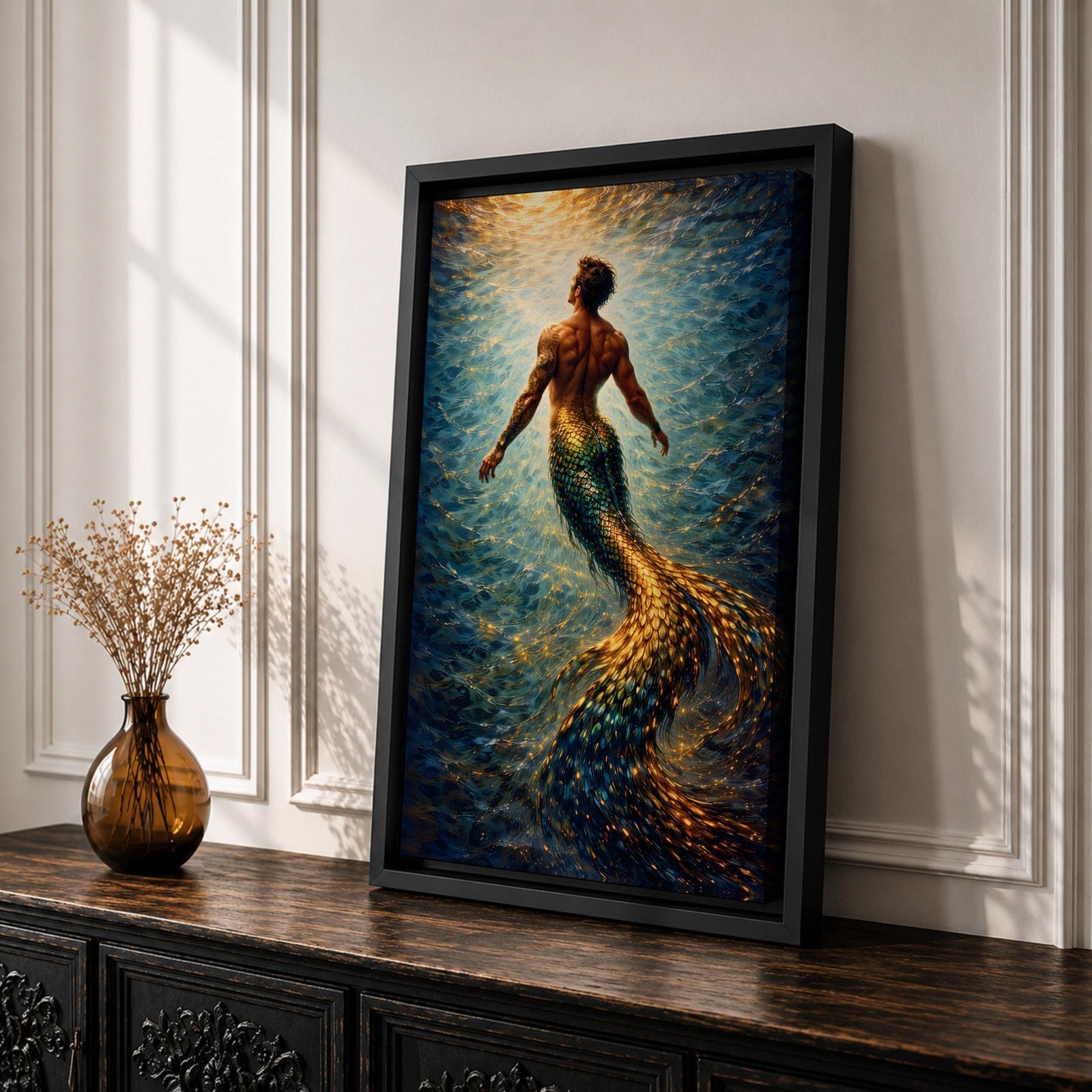 A luminous fantasy painting of a muscular merman viewed from behind as he glides upward through swirling ocean currents, his human torso detailed with sculpted anatomy and tattoos while his long iridescent tail shimmers in gold and blue tones, surrounded by radiant light beams and fluid motion that create a dynamic underwater mythology scene.