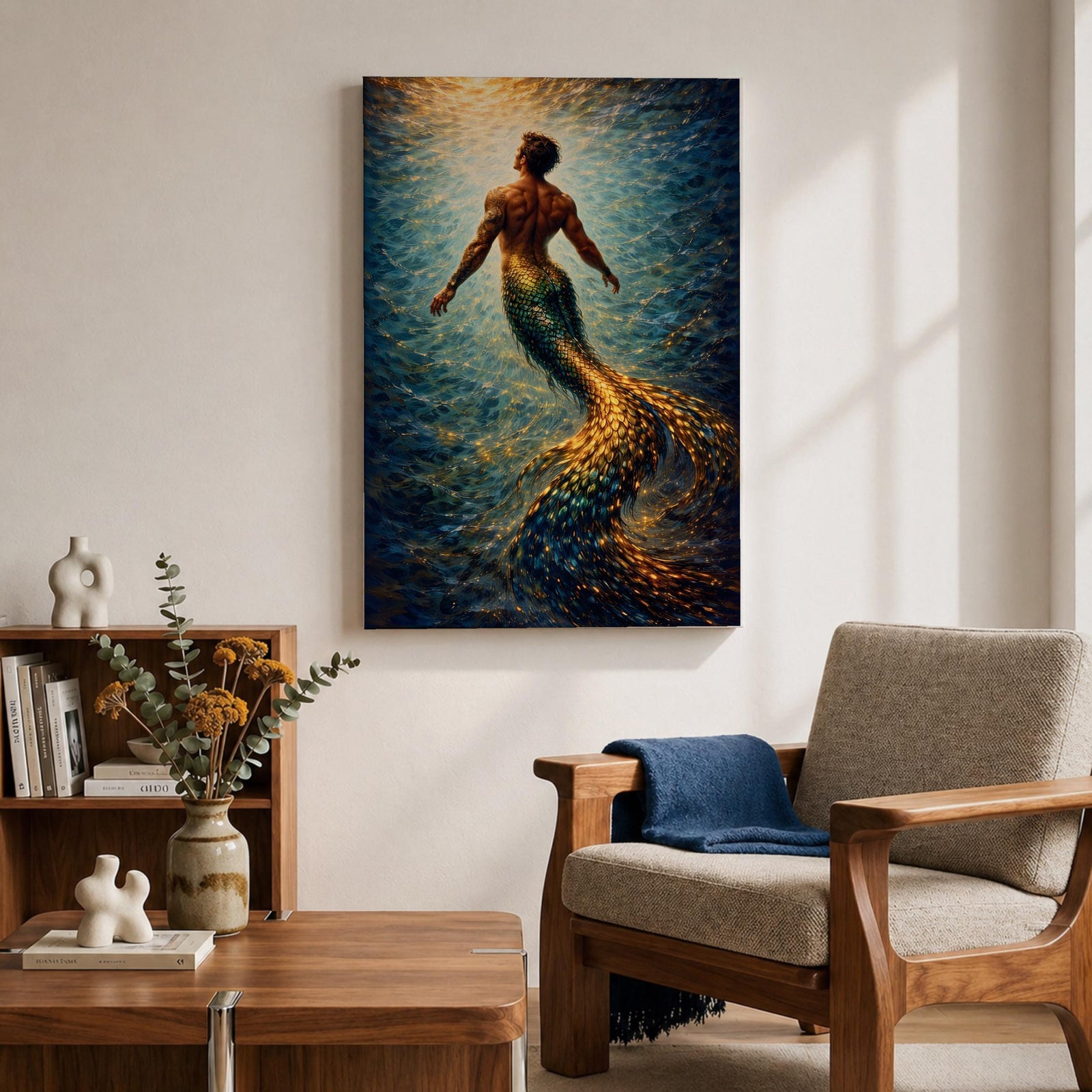 A luminous fantasy painting of a muscular merman viewed from behind as he glides upward through swirling ocean currents, his human torso detailed with sculpted anatomy and tattoos while his long iridescent tail shimmers in gold and blue tones, surrounded by radiant light beams and fluid motion that create a dynamic underwater mythology scene.