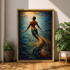 A luminous fantasy painting of a muscular merman viewed from behind as he glides upward through swirling ocean currents, his human torso detailed with sculpted anatomy and tattoos while his long iridescent tail shimmers in gold and blue tones, surrounded by radiant light beams and fluid motion that create a dynamic underwater mythology scene.