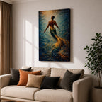 A luminous fantasy painting of a muscular merman viewed from behind as he glides upward through swirling ocean currents, his human torso detailed with sculpted anatomy and tattoos while his long iridescent tail shimmers in gold and blue tones, surrounded by radiant light beams and fluid motion that create a dynamic underwater mythology scene.