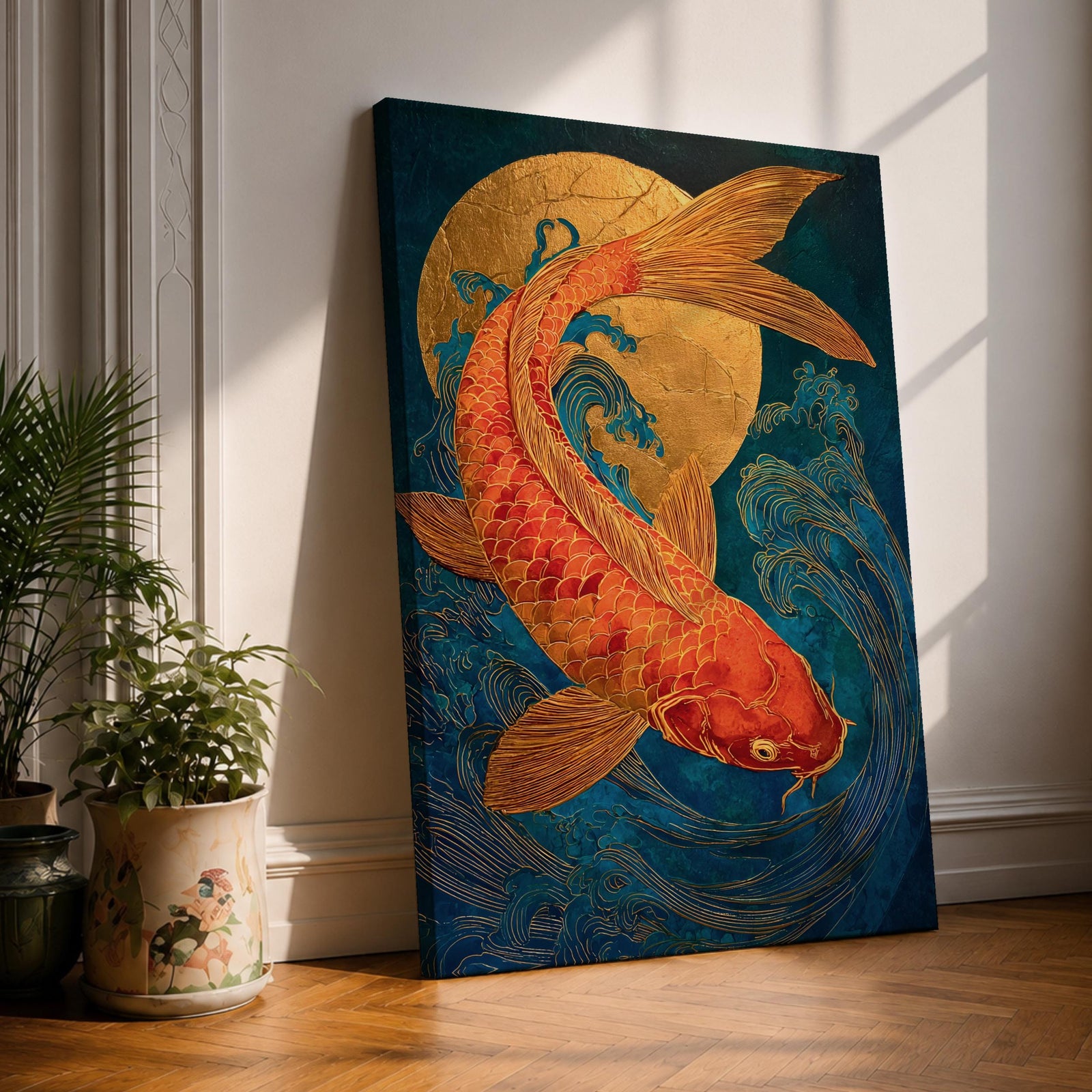 A richly detailed painting of a golden koi fish curving gracefully through stylized ocean waves, its scaled body rendered with textured brushwork in warm gold and red tones, set against a deep blue background with a glowing circular sun motif, blending traditional Japanese influence with modern wildlife art composition.