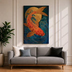 A richly detailed painting of a golden koi fish curving gracefully through stylized ocean waves, its scaled body rendered with textured brushwork in warm gold and red tones, set against a deep blue background with a glowing circular sun motif, blending traditional Japanese influence with modern wildlife art composition.