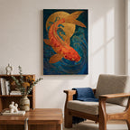 A richly detailed painting of a golden koi fish curving gracefully through stylized ocean waves, its scaled body rendered with textured brushwork in warm gold and red tones, set against a deep blue background with a glowing circular sun motif, blending traditional Japanese influence with modern wildlife art composition.