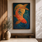 A richly detailed painting of a golden koi fish curving gracefully through stylized ocean waves, its scaled body rendered with textured brushwork in warm gold and red tones, set against a deep blue background with a glowing circular sun motif, blending traditional Japanese influence with modern wildlife art composition.