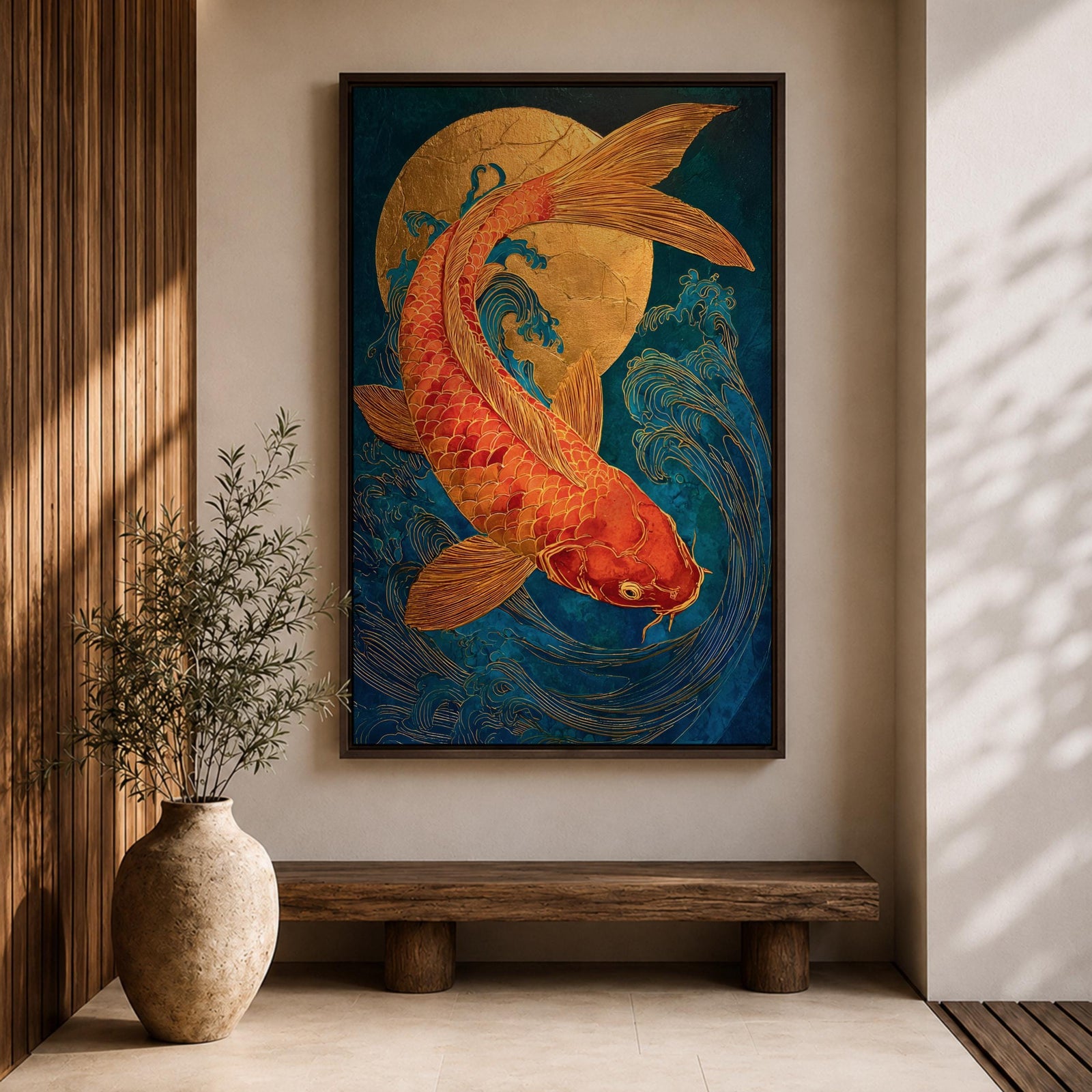A richly detailed painting of a golden koi fish curving gracefully through stylized ocean waves, its scaled body rendered with textured brushwork in warm gold and red tones, set against a deep blue background with a glowing circular sun motif, blending traditional Japanese influence with modern wildlife art composition.