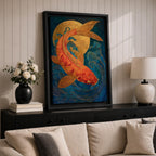 A richly detailed painting of a golden koi fish curving gracefully through stylized ocean waves, its scaled body rendered with textured brushwork in warm gold and red tones, set against a deep blue background with a glowing circular sun motif, blending traditional Japanese influence with modern wildlife art composition.