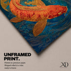 A richly detailed painting of a golden koi fish curving gracefully through stylized ocean waves, its scaled body rendered with textured brushwork in warm gold and red tones, set against a deep blue background with a glowing circular sun motif, blending traditional Japanese influence with modern wildlife art composition.
