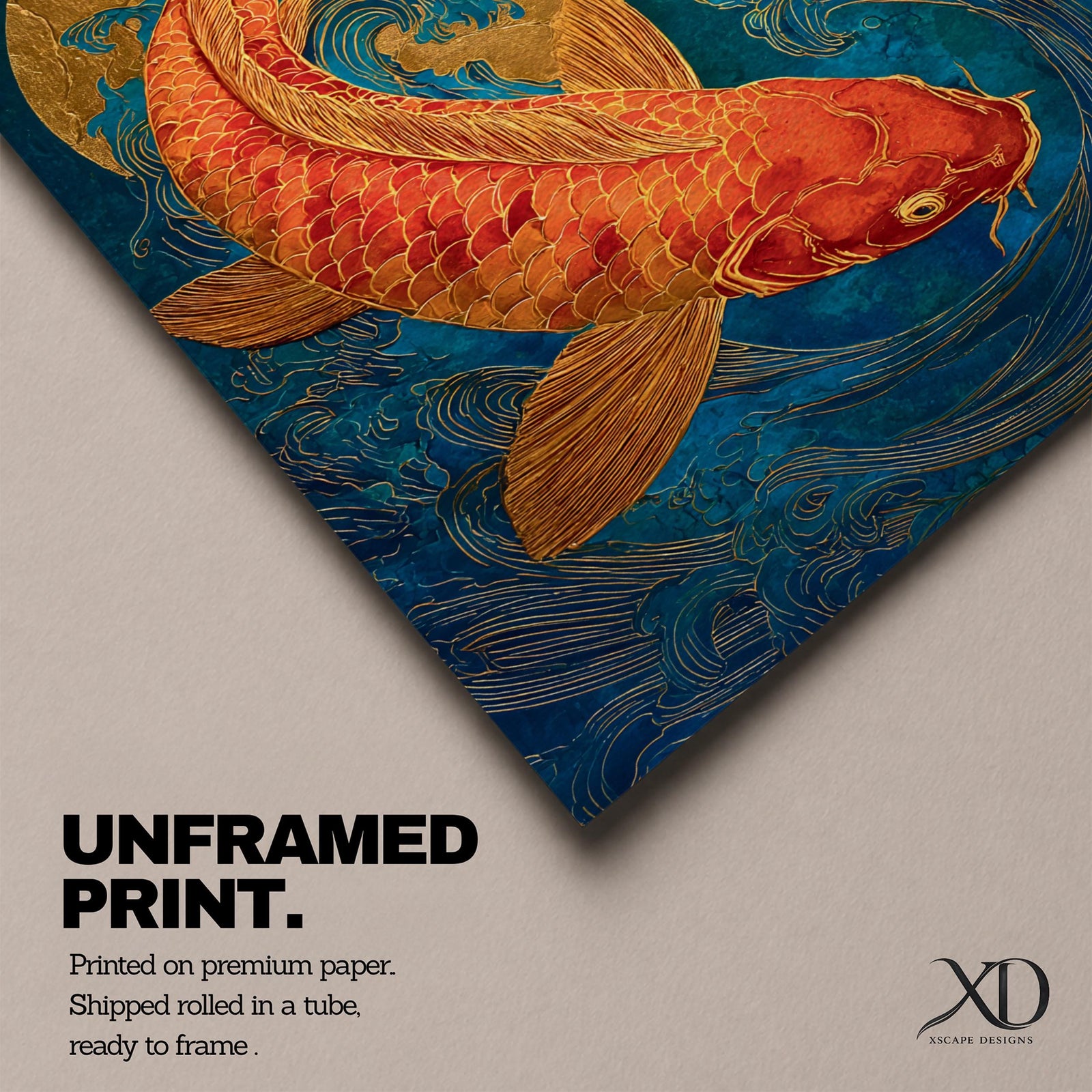 A richly detailed painting of a golden koi fish curving gracefully through stylized ocean waves, its scaled body rendered with textured brushwork in warm gold and red tones, set against a deep blue background with a glowing circular sun motif, blending traditional Japanese influence with modern wildlife art composition.