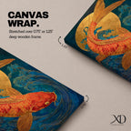A richly detailed painting of a golden koi fish curving gracefully through stylized ocean waves, its scaled body rendered with textured brushwork in warm gold and red tones, set against a deep blue background with a glowing circular sun motif, blending traditional Japanese influence with modern wildlife art composition.