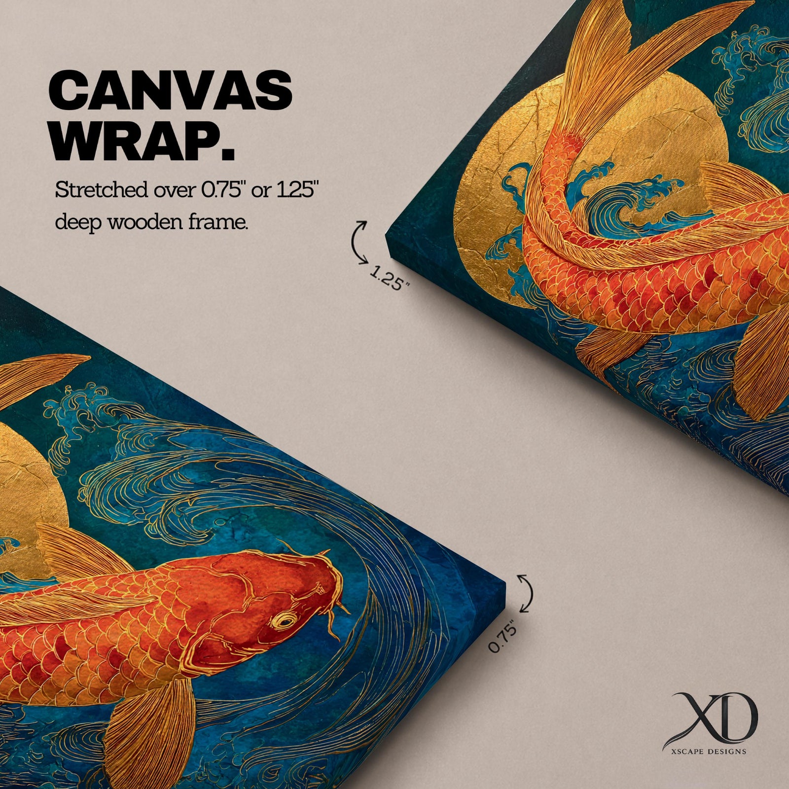 A richly detailed painting of a golden koi fish curving gracefully through stylized ocean waves, its scaled body rendered with textured brushwork in warm gold and red tones, set against a deep blue background with a glowing circular sun motif, blending traditional Japanese influence with modern wildlife art composition.