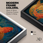 A richly detailed painting of a golden koi fish curving gracefully through stylized ocean waves, its scaled body rendered with textured brushwork in warm gold and red tones, set against a deep blue background with a glowing circular sun motif, blending traditional Japanese influence with modern wildlife art composition.