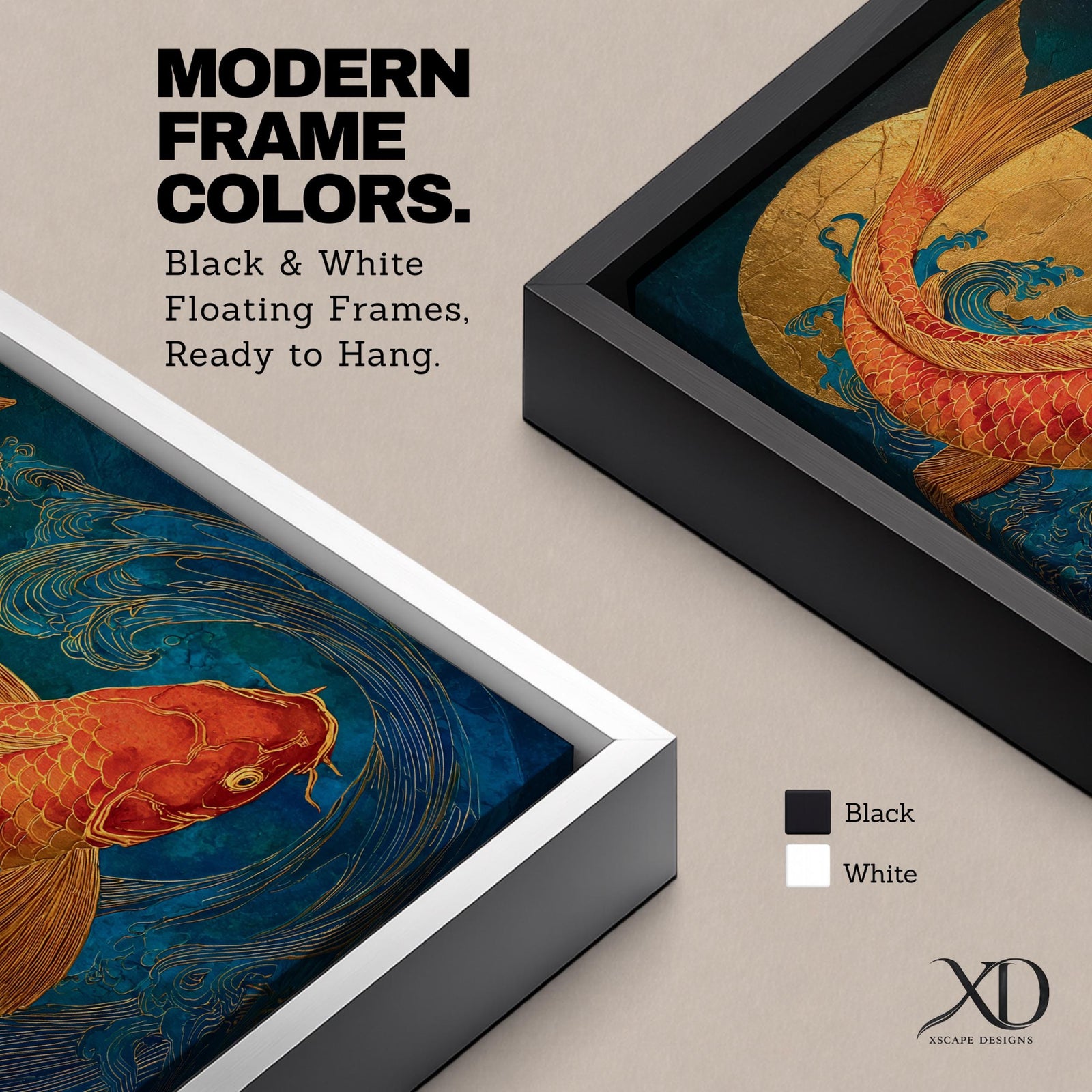 A richly detailed painting of a golden koi fish curving gracefully through stylized ocean waves, its scaled body rendered with textured brushwork in warm gold and red tones, set against a deep blue background with a glowing circular sun motif, blending traditional Japanese influence with modern wildlife art composition.