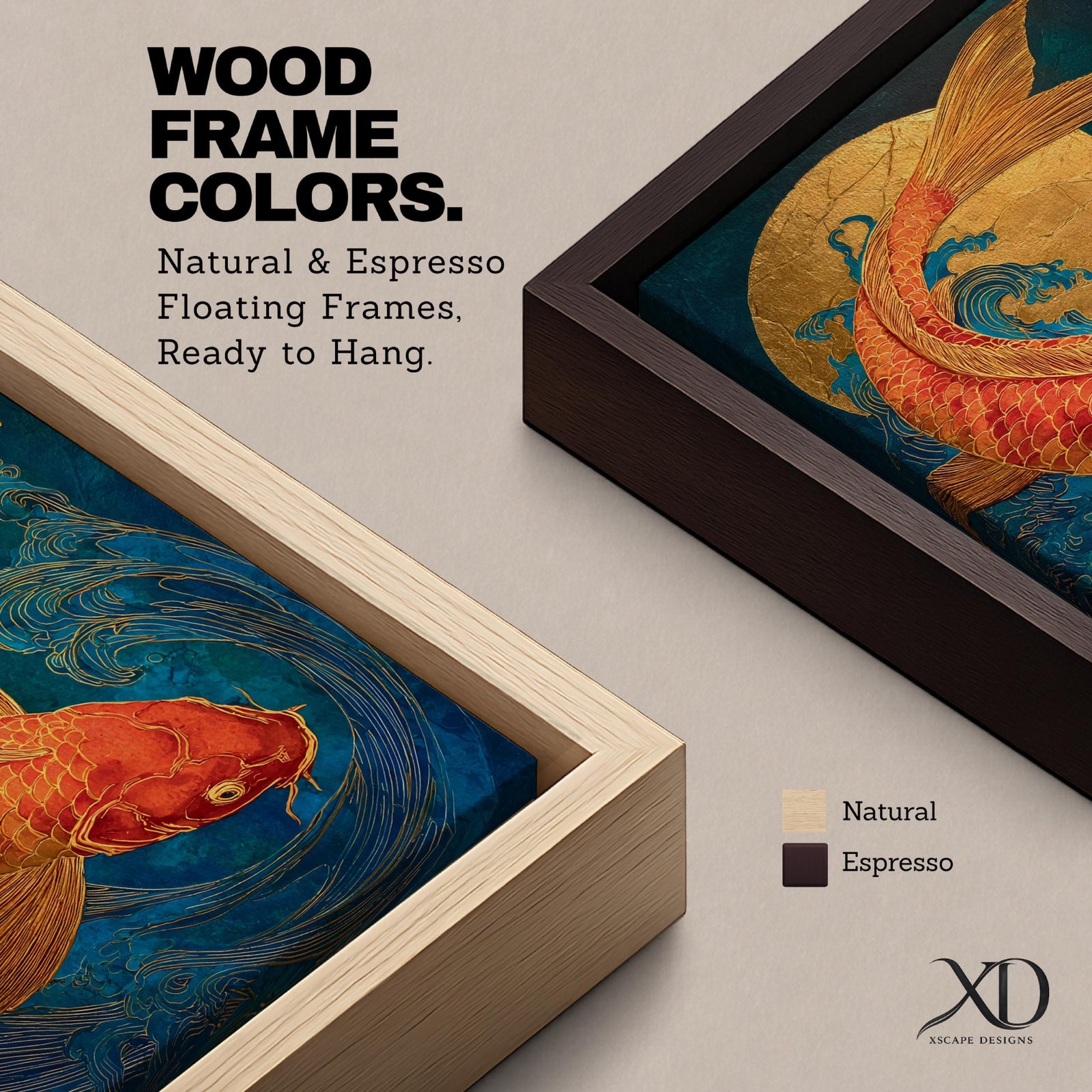 A richly detailed painting of a golden koi fish curving gracefully through stylized ocean waves, its scaled body rendered with textured brushwork in warm gold and red tones, set against a deep blue background with a glowing circular sun motif, blending traditional Japanese influence with modern wildlife art composition.