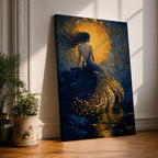 A rich fantasy painting of a mermaid seated on a rocky shore beneath a glowing golden moon, her long flowing hair swept to the side as her detailed tail shimmers with layered gold scales cascading into reflective water, set against deep blue swirling textures that create a dramatic and luminous ocean mythology scene.