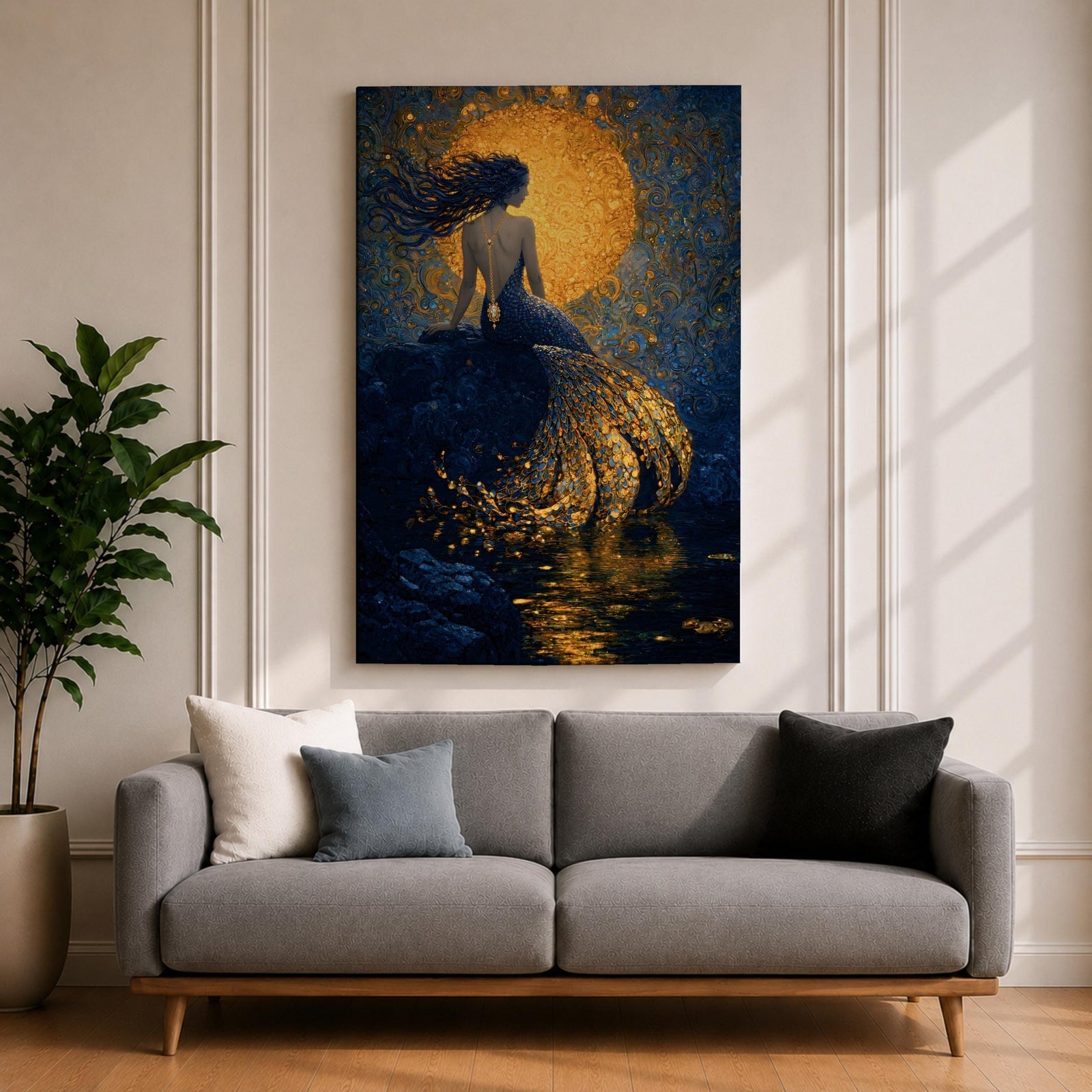 A rich fantasy painting of a mermaid seated on a rocky shore beneath a glowing golden moon, her long flowing hair swept to the side as her detailed tail shimmers with layered gold scales cascading into reflective water, set against deep blue swirling textures that create a dramatic and luminous ocean mythology scene.