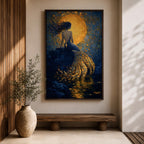 A rich fantasy painting of a mermaid seated on a rocky shore beneath a glowing golden moon, her long flowing hair swept to the side as her detailed tail shimmers with layered gold scales cascading into reflective water, set against deep blue swirling textures that create a dramatic and luminous ocean mythology scene.