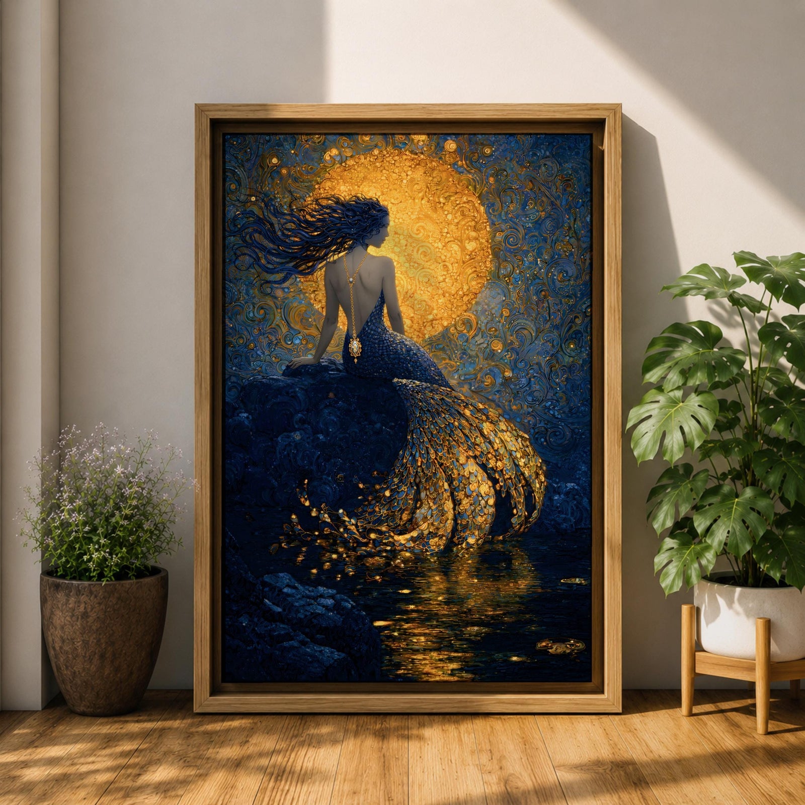 A rich fantasy painting of a mermaid seated on a rocky shore beneath a glowing golden moon, her long flowing hair swept to the side as her detailed tail shimmers with layered gold scales cascading into reflective water, set against deep blue swirling textures that create a dramatic and luminous ocean mythology scene.