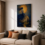 A rich fantasy painting of a mermaid seated on a rocky shore beneath a glowing golden moon, her long flowing hair swept to the side as her detailed tail shimmers with layered gold scales cascading into reflective water, set against deep blue swirling textures that create a dramatic and luminous ocean mythology scene.