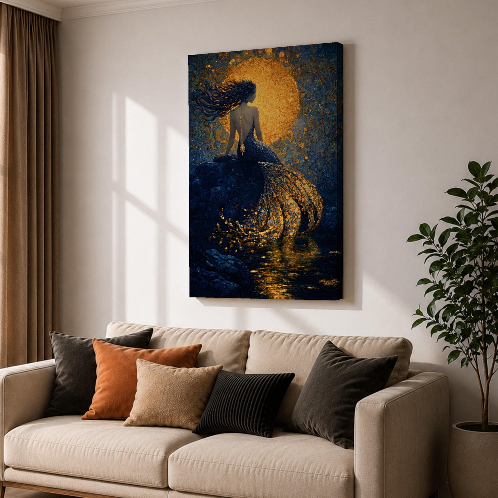 A rich fantasy painting of a mermaid seated on a rocky shore beneath a glowing golden moon, her long flowing hair swept to the side as her detailed tail shimmers with layered gold scales cascading into reflective water, set against deep blue swirling textures that create a dramatic and luminous ocean mythology scene.