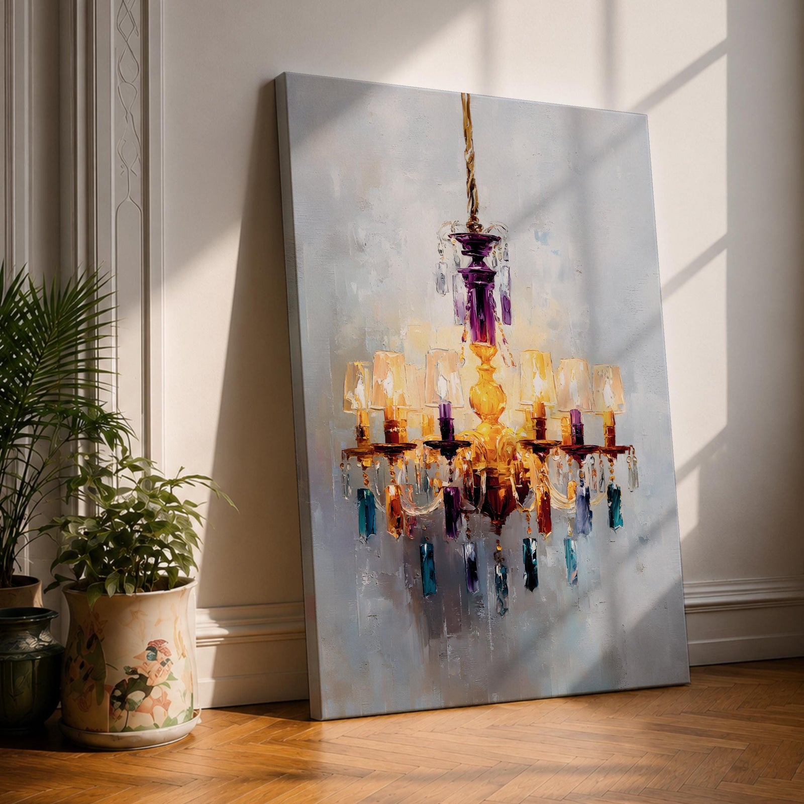 An impasto style painting of a chandelier with multiple lit lampshades and hanging crystals rendered in thick textured brushstrokes. The artwork captures the ornate details and warm glow of the chandelier against a soft, muted background, emphasizing its elegant and decorative form.