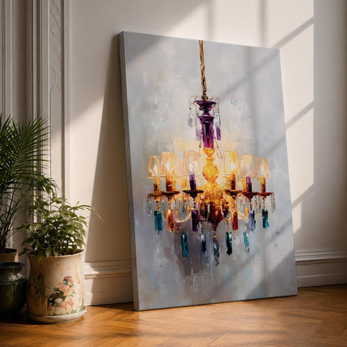 An impasto style painting of a chandelier with multiple lit lampshades and hanging crystals rendered in thick textured brushstrokes. The artwork captures the ornate details and warm glow of the chandelier against a soft, muted background, emphasizing its elegant and decorative form.