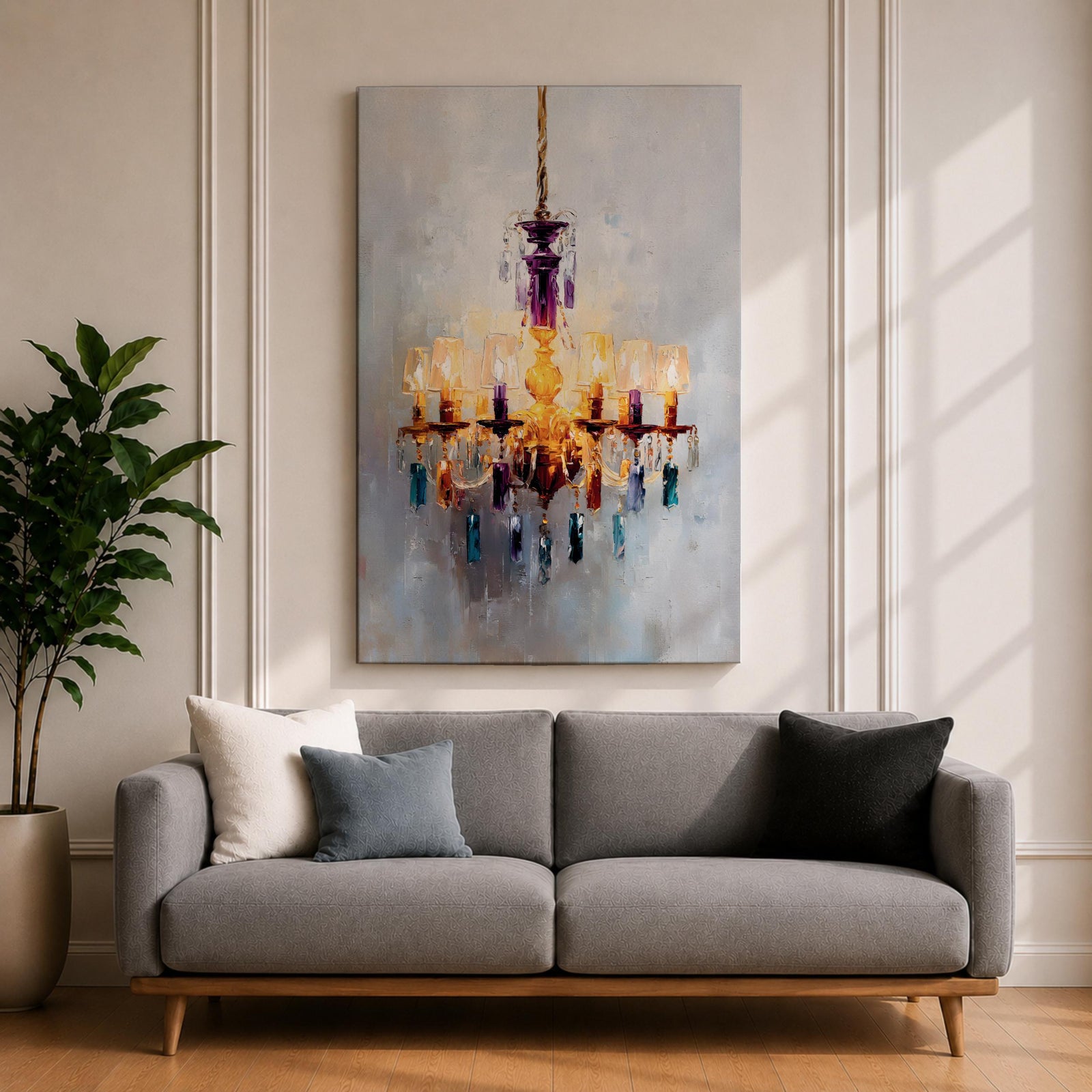 An impasto style painting of a chandelier with multiple lit lampshades and hanging crystals rendered in thick textured brushstrokes. The artwork captures the ornate details and warm glow of the chandelier against a soft, muted background, emphasizing its elegant and decorative form.