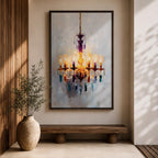 An impasto style painting of a chandelier with multiple lit lampshades and hanging crystals rendered in thick textured brushstrokes. The artwork captures the ornate details and warm glow of the chandelier against a soft, muted background, emphasizing its elegant and decorative form.